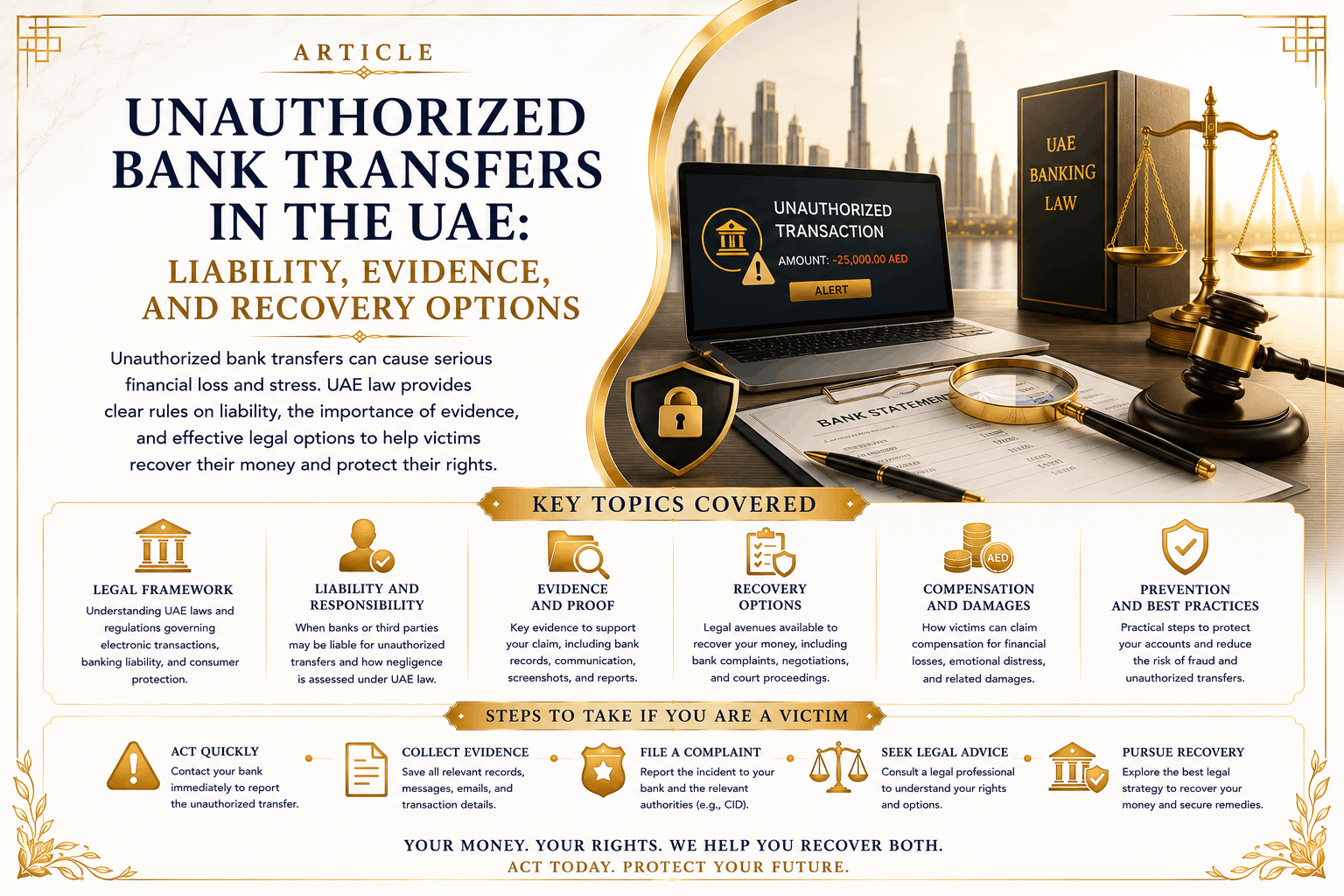Unauthorized bank transfers in the UAE involving banking disputes, fraud evidence, liability, police complaints, and recovery options