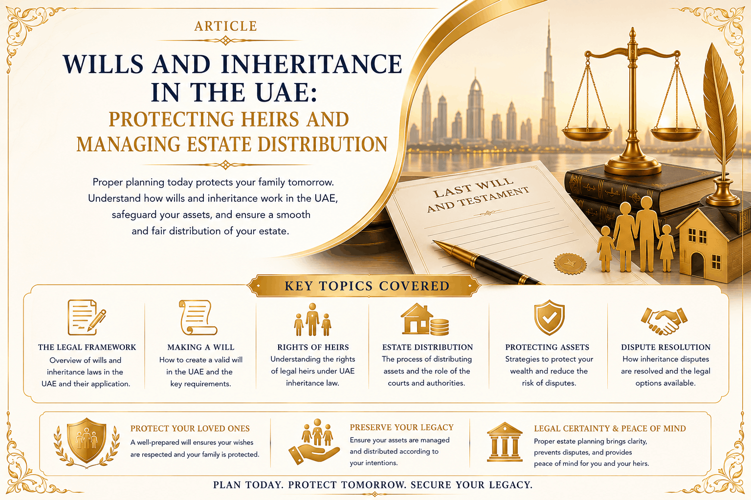 Wills and inheritance in the UAE covering estate planning, probate, non-Muslim wills, heirs, assets, and estate distribution