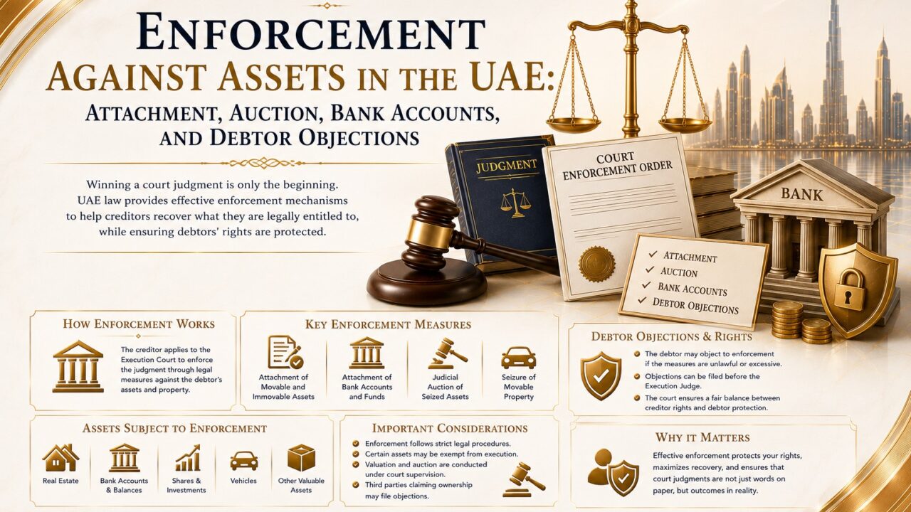 Enforcement Against Assets in the UAE: Attachment, Auction, Bank Accounts, and Debtor Objections