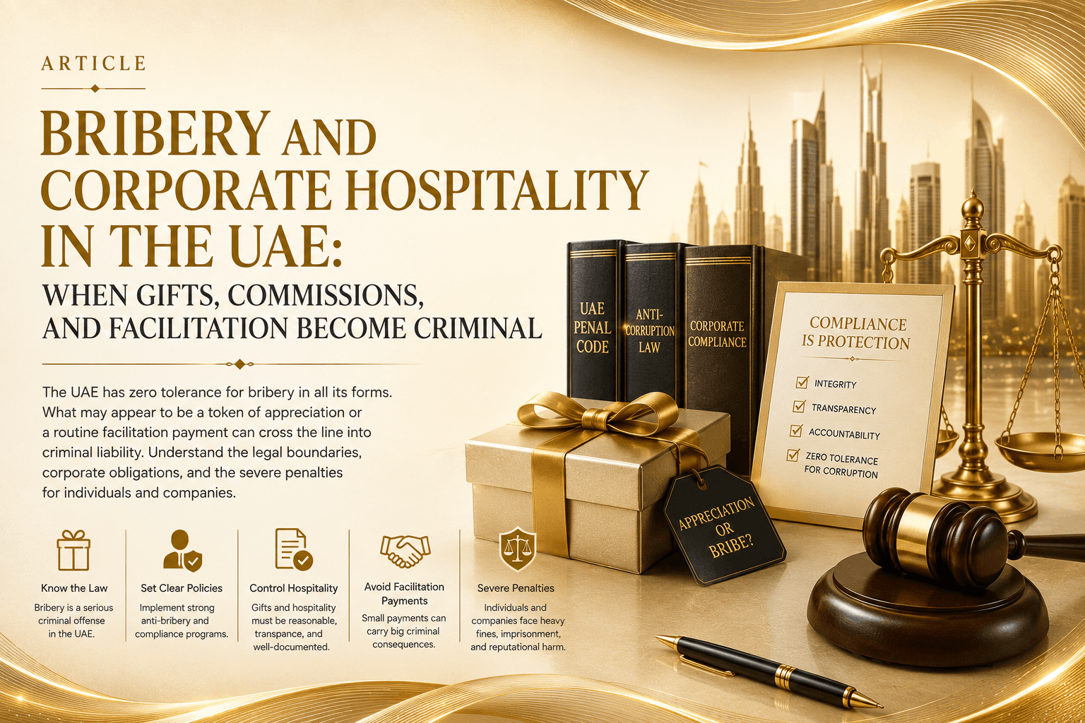 Bribery and corporate hospitality in the UAE involving gifts, commissions, facilitation payments, intermediaries, approvals, accounting records, internal reporting, and criminal exposure