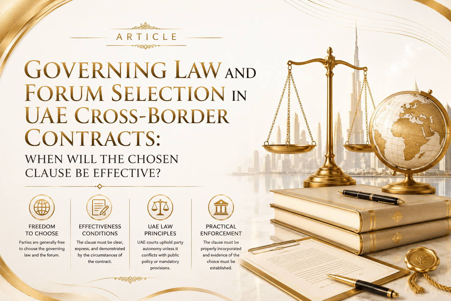 Governing law and forum selection in UAE cross-border contracts involving mandatory UAE rules, public policy, onshore courts, DIFC Courts, ADGM Courts, arbitration clauses, and enforcement risk