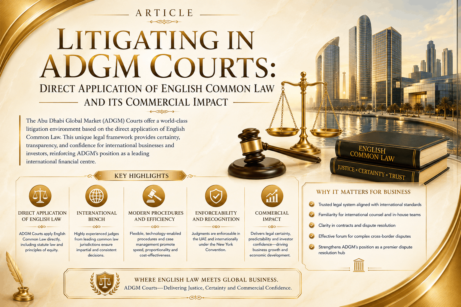 Litigating in ADGM Courts involving English common law, jurisdiction, digital procedures, equitable remedies, commercial disputes, and enforcement strategy