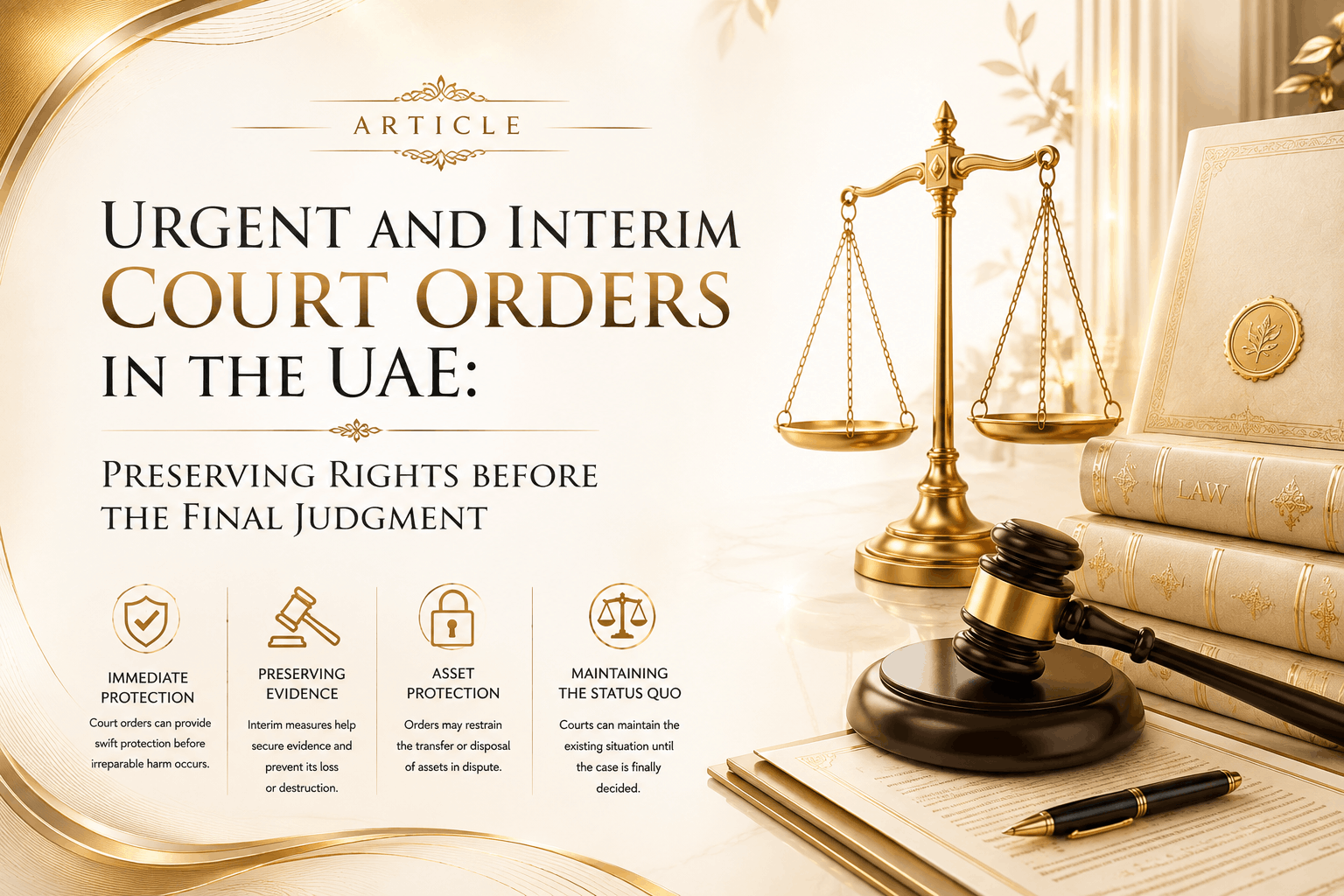 Urgent and interim court orders in the UAE involving evidence preservation, disputed property, expert appointment, prohibitory measures, travel restrictions, proportionality, security, and liability risk